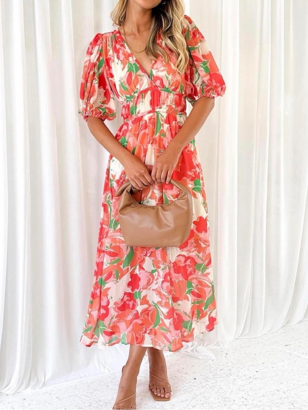 Floral Coral V-Neck Midi Dress with Puff Sleeves